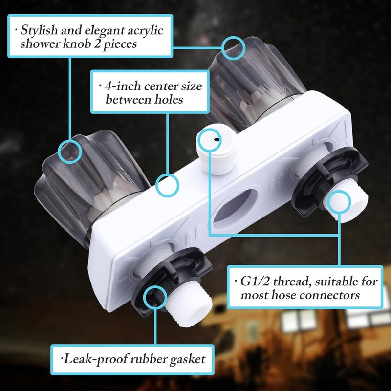 Liberflow RV Shower Faucet Replacement, Camper Shower Faucet, 4" Camper Bathroom RV Faucet Shower Valve for Outdoor Outside and Indoor Shower Kit with Dual Acrylic Shower Knobs (White+Black Shower Knobs) - Image 4